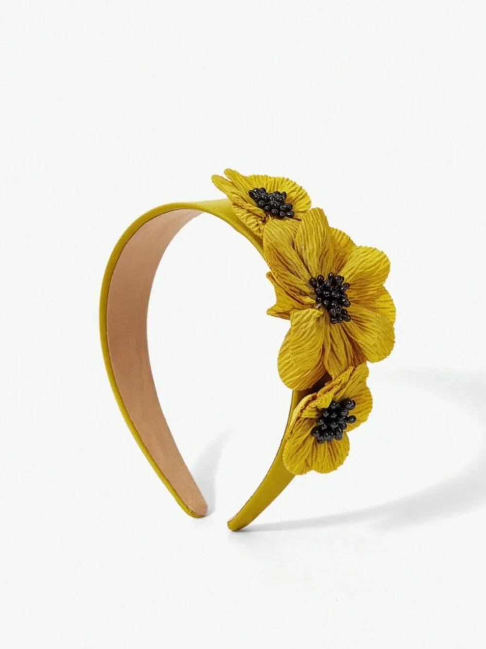 Mustard Yellow Floral Headband with Black Beaded Centers